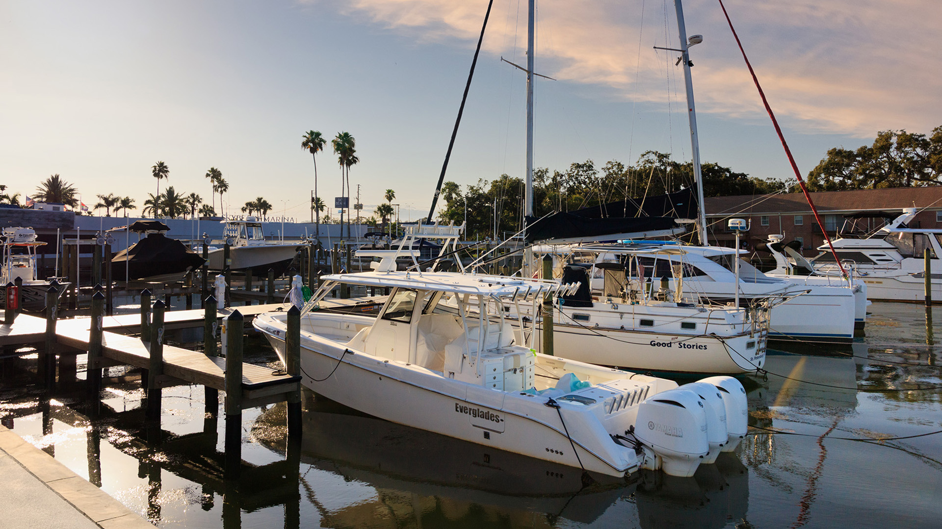 a group of boats in a harbor