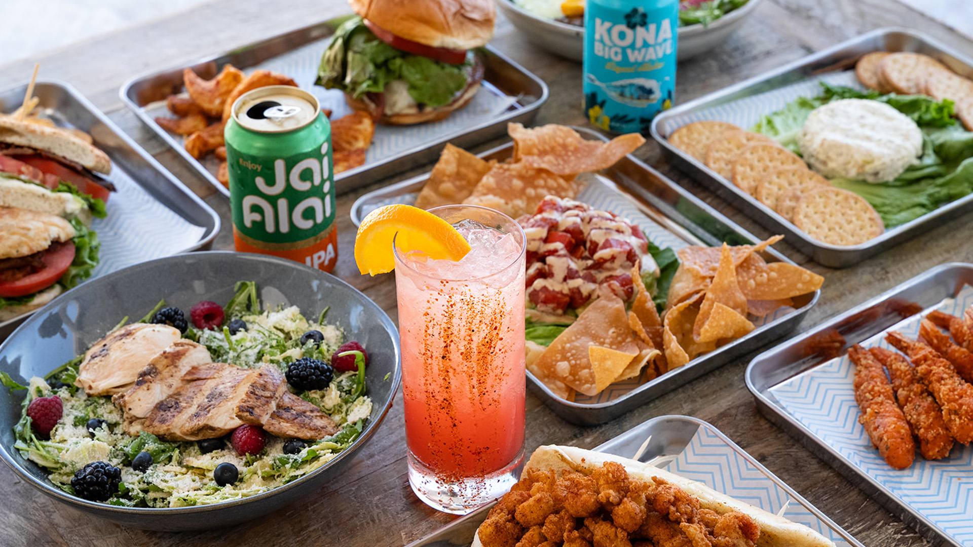 a table full of food and drinks