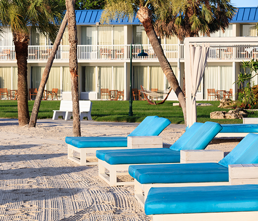 a group of blue lounge chairs on a beach