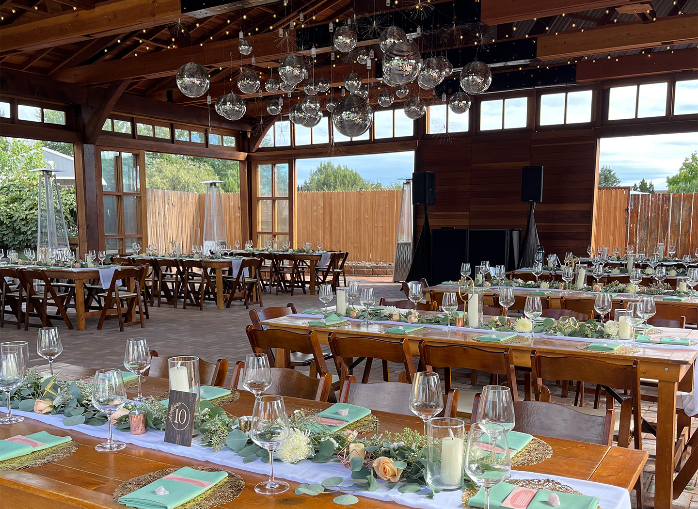 a large room with tables and chairs