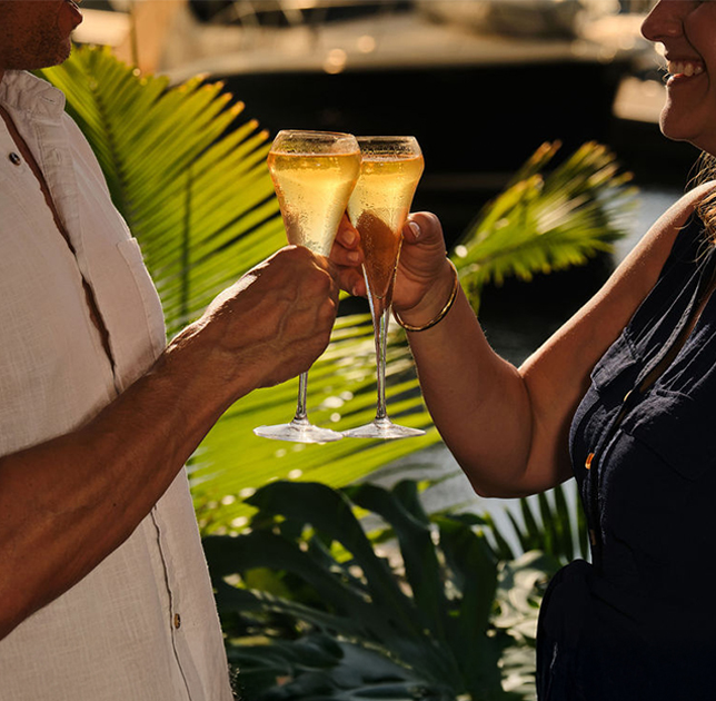 a man and woman holding up glasses of champagne