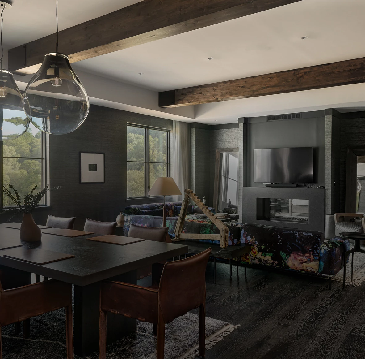 a room with a table and chairs