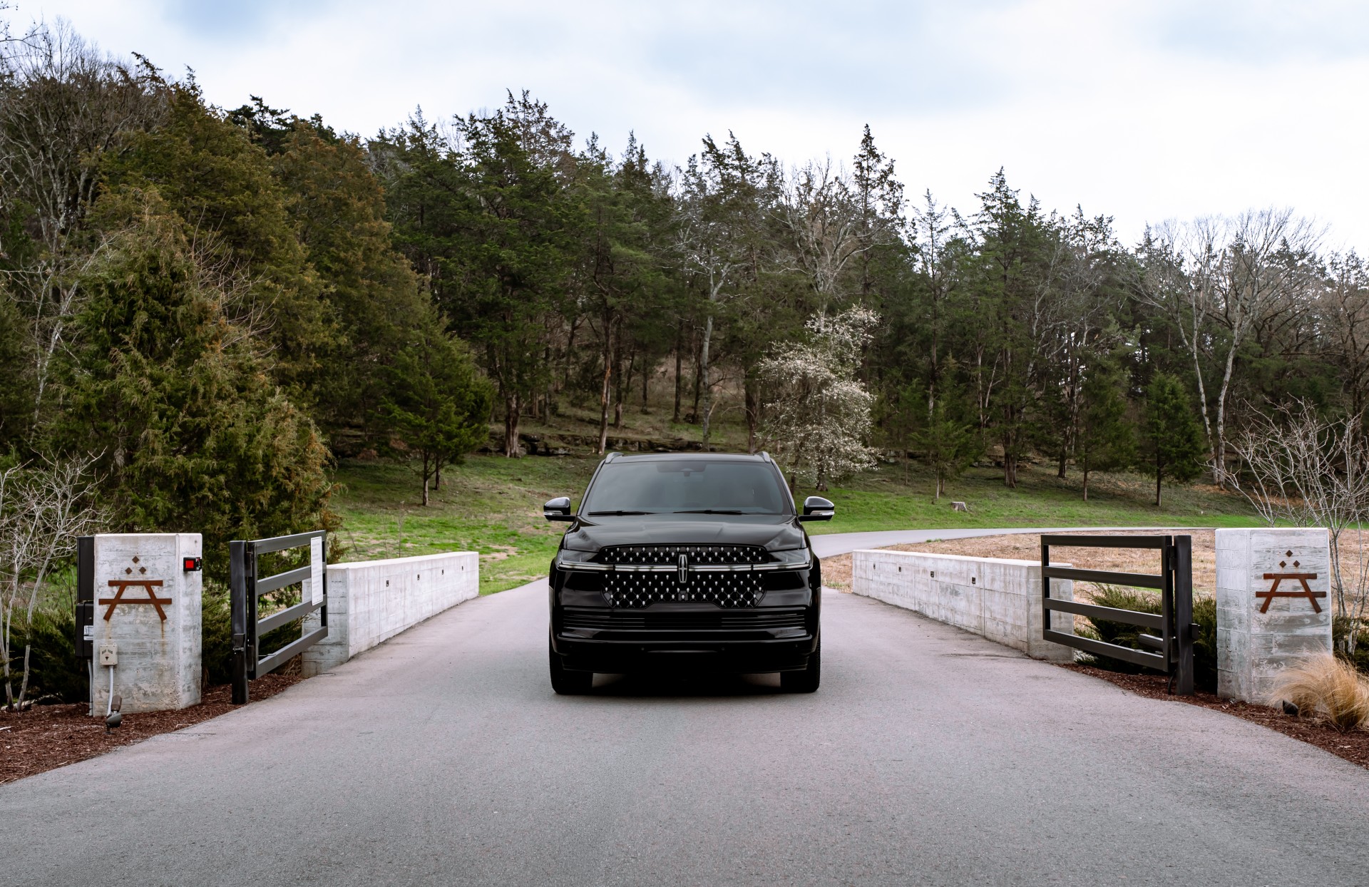 a black car on a road with trees in the background
