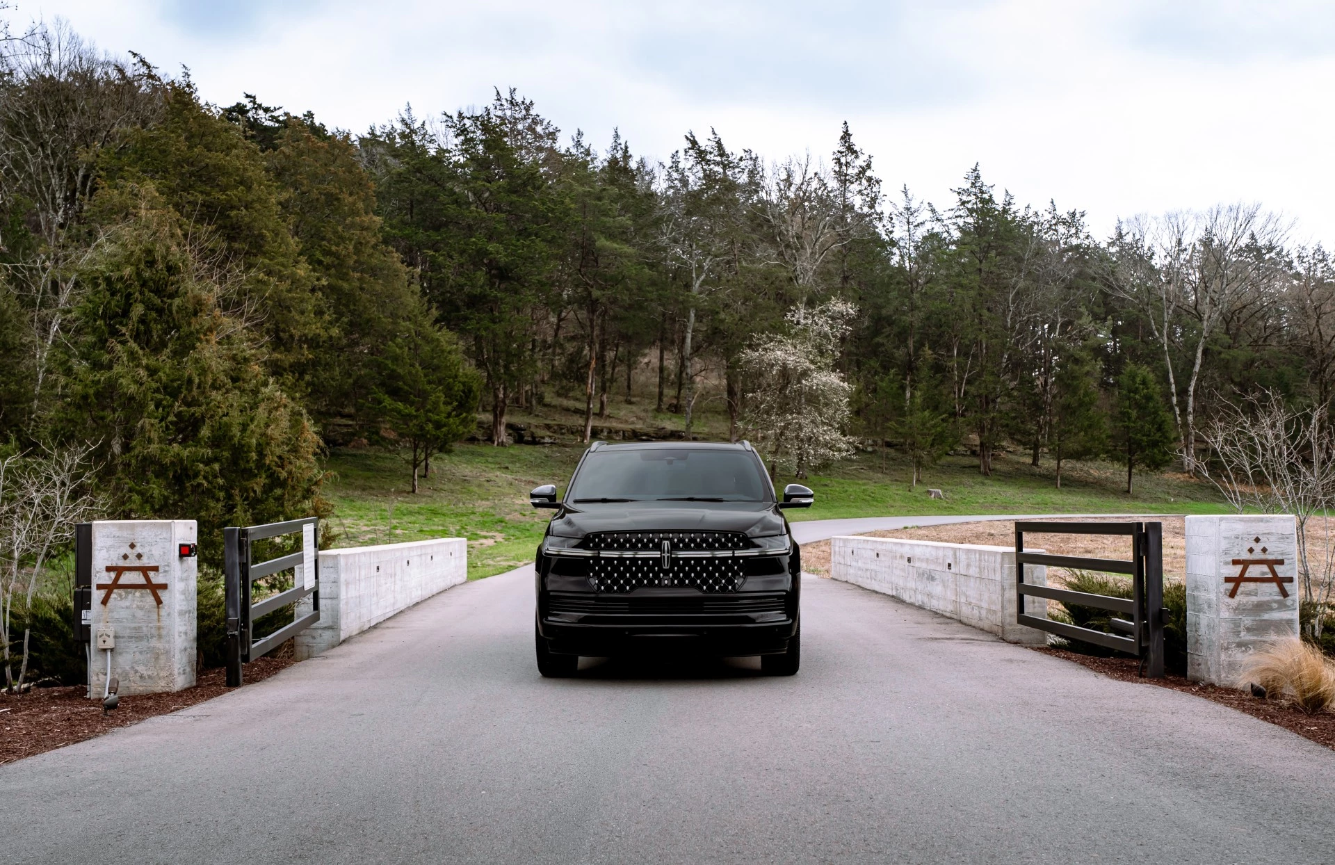 a black car on a road with trees in the background