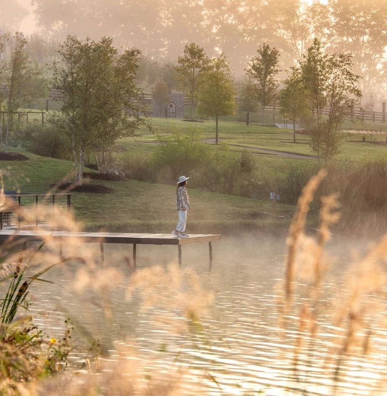 a person standing on a dock by a body of water