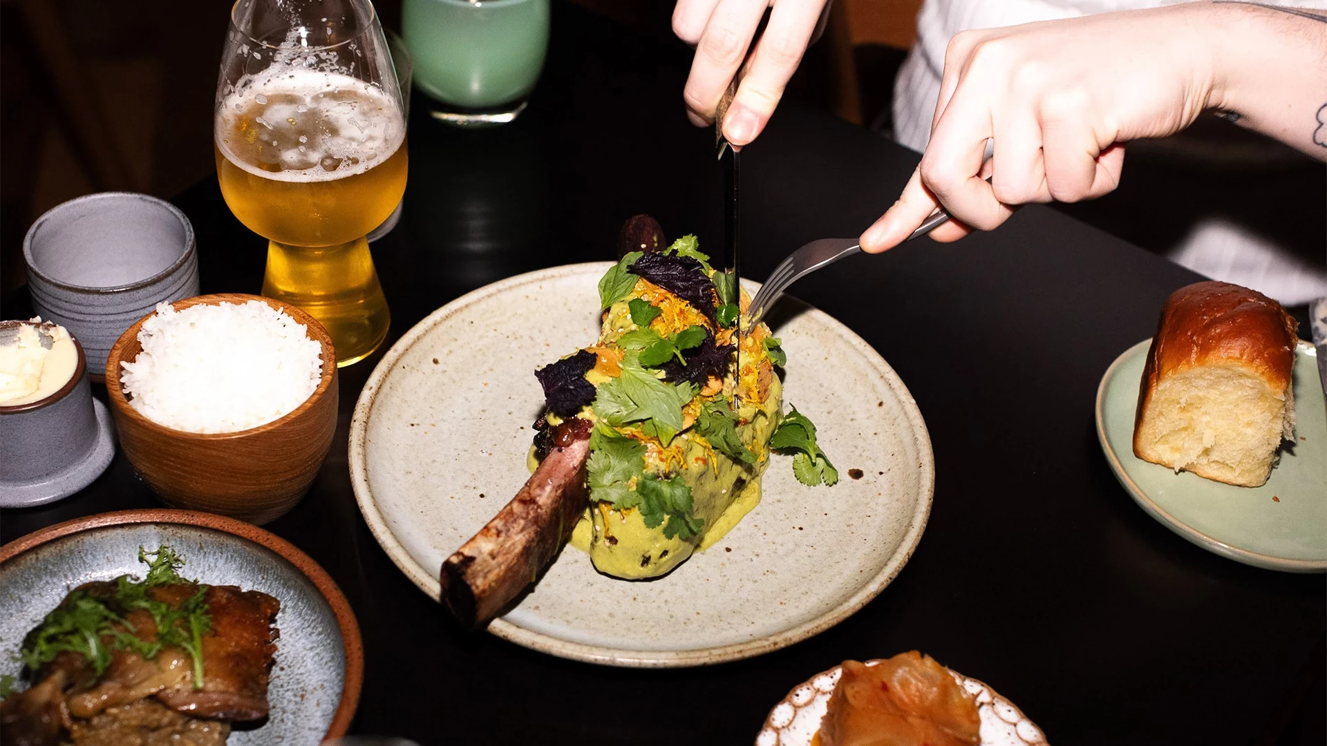 a plate of food with a fork and knife