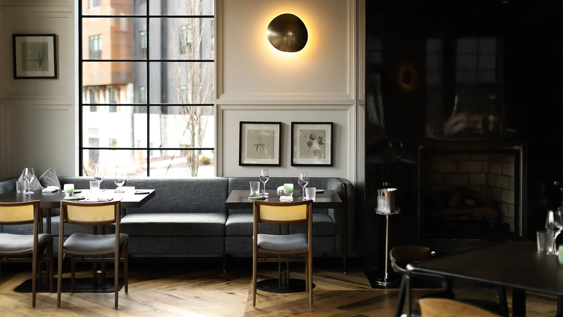 a table and chairs in a restaurant