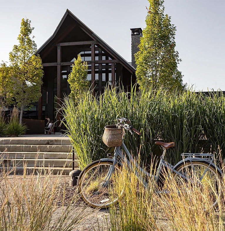a bicycle parked in front of a building