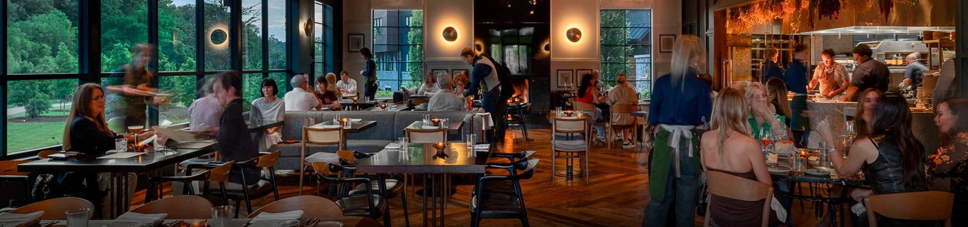 a group of people in a restaurant