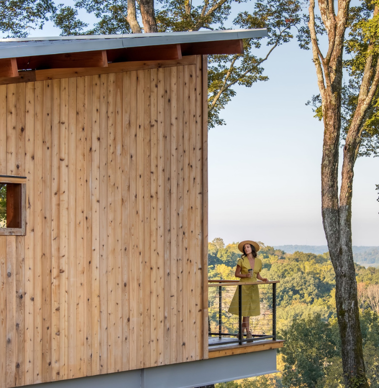 a woman standing on a balcony of a wood house