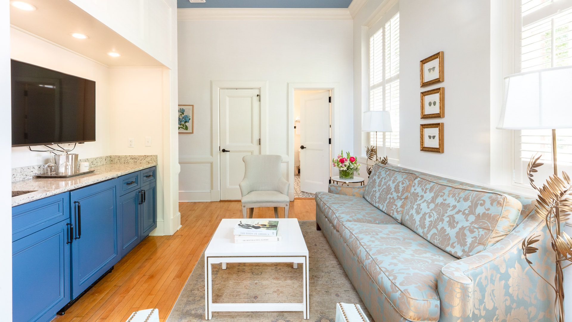 a living room with a couch and a coffee table