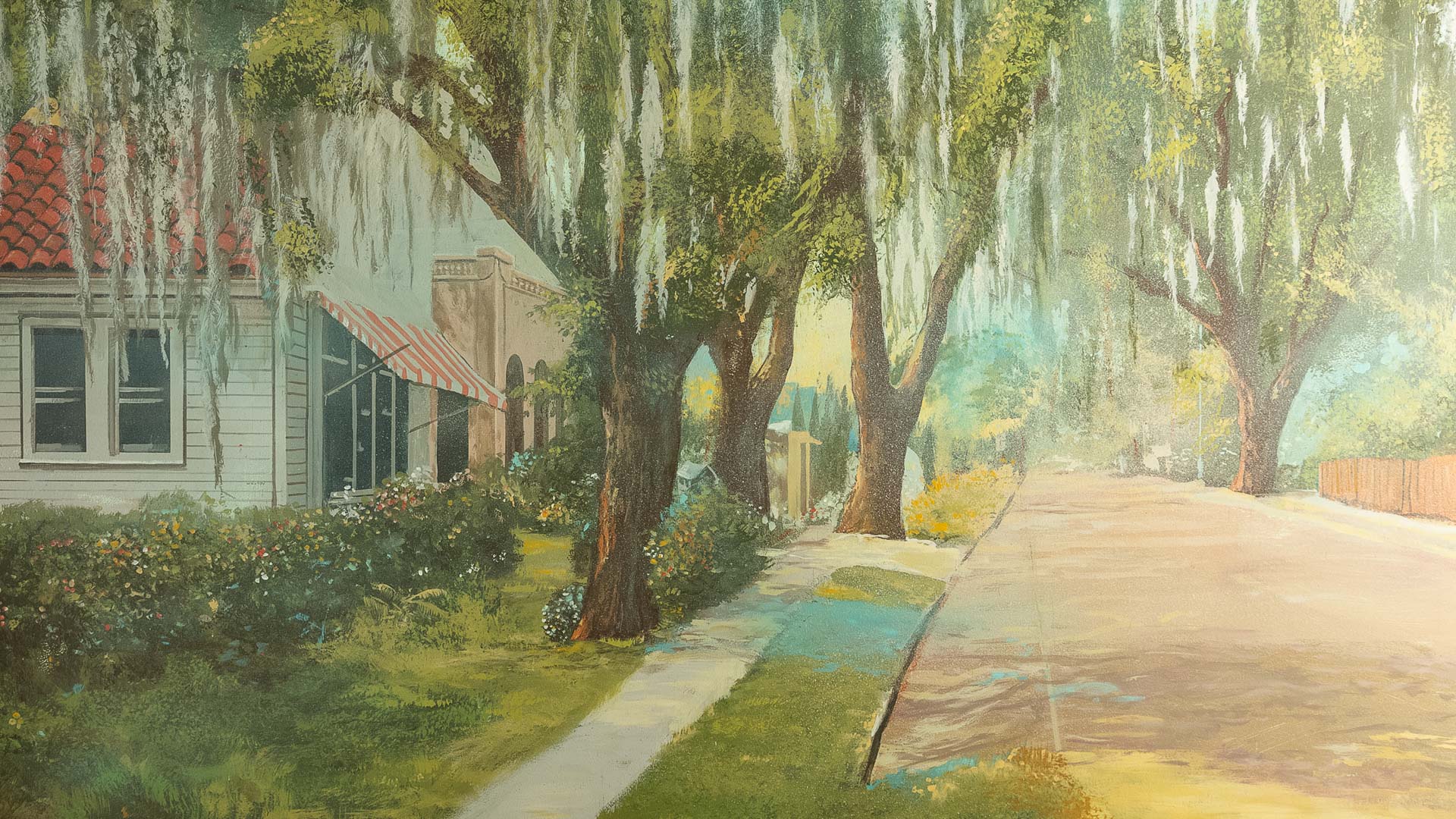 a painting of a street with trees and a house