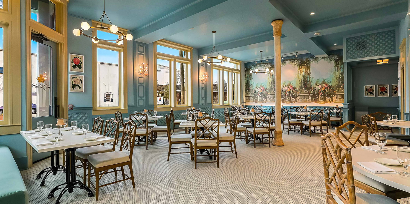 a room with tables and chairs