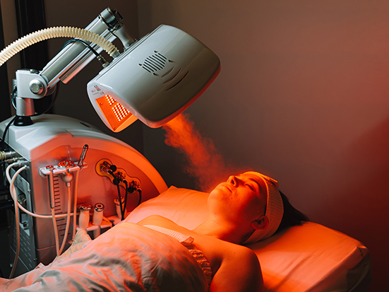 a woman lying in a bed with a red light coming out of her face
