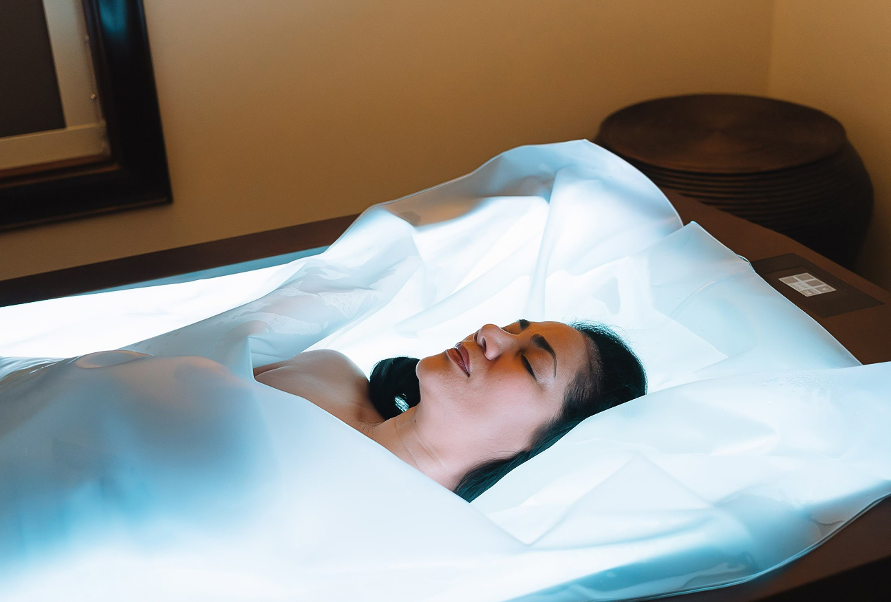 a woman lying in a bed
