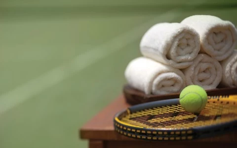tennis ball, tennis racket and towels