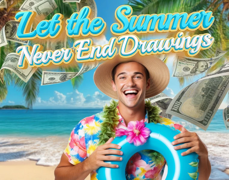 a man wearing a hat and a flower lei holding a blue float on a beach