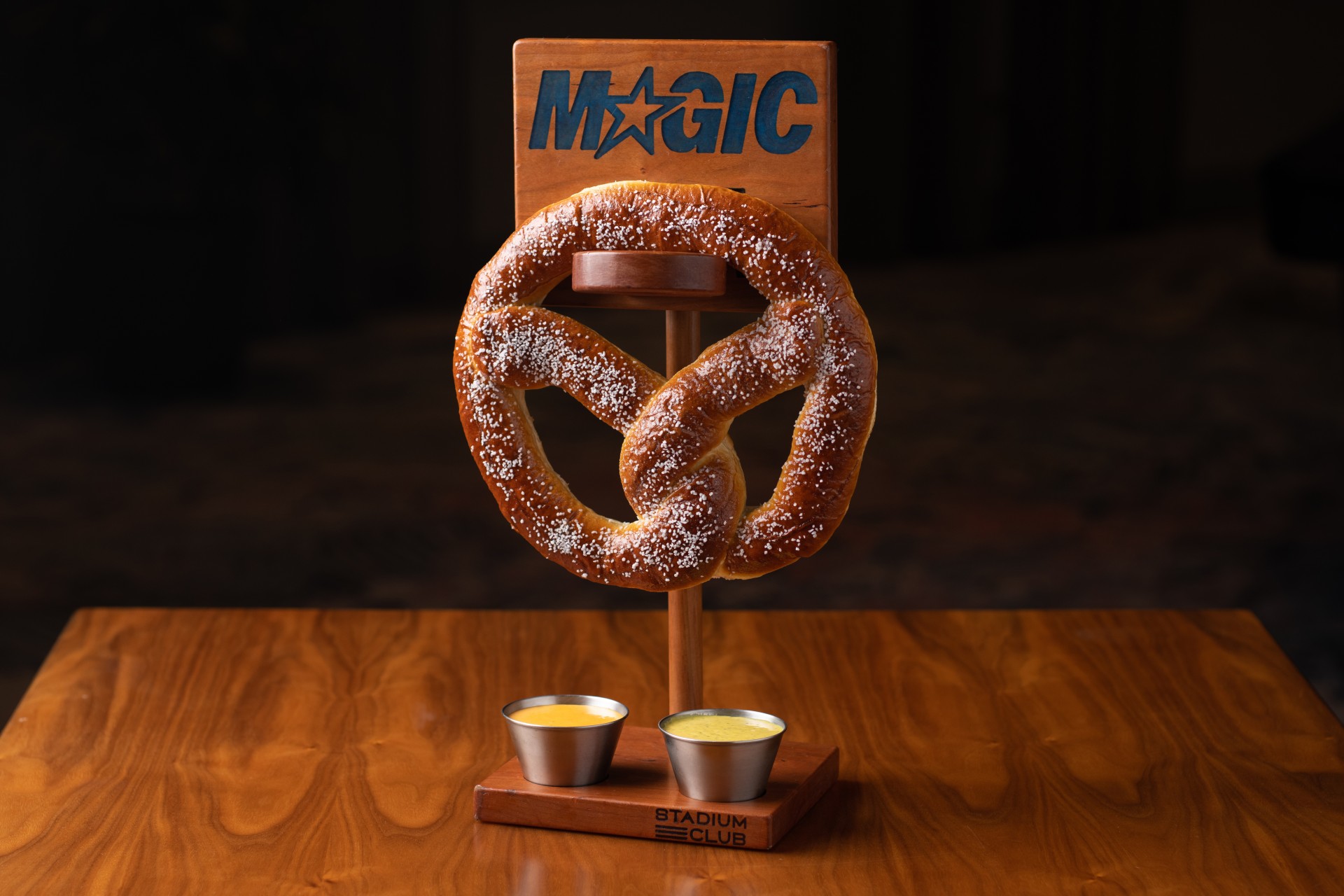 a pretzel on a stand