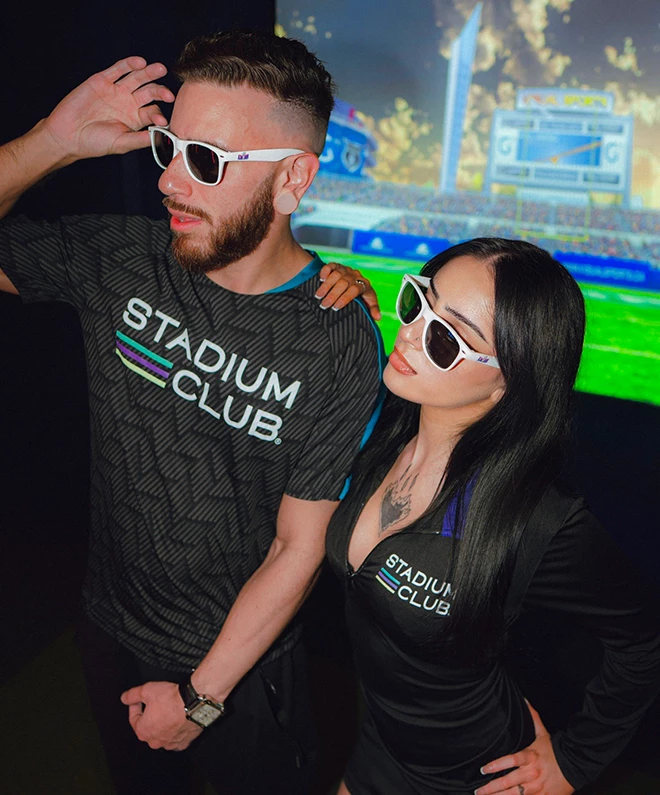 a man and woman wearing white sunglasses
