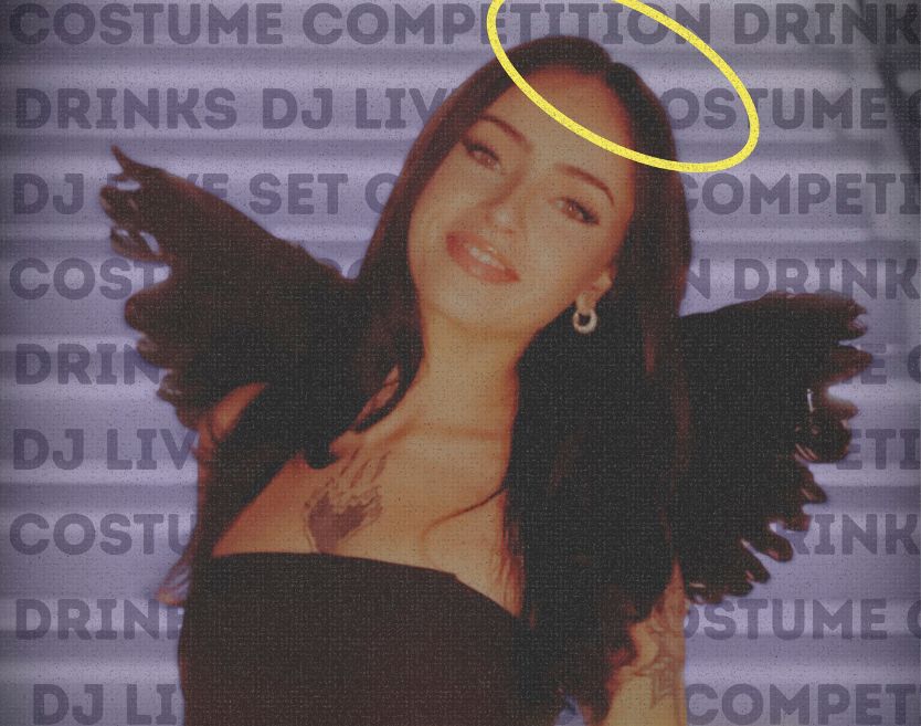 a woman with black wings and a halo