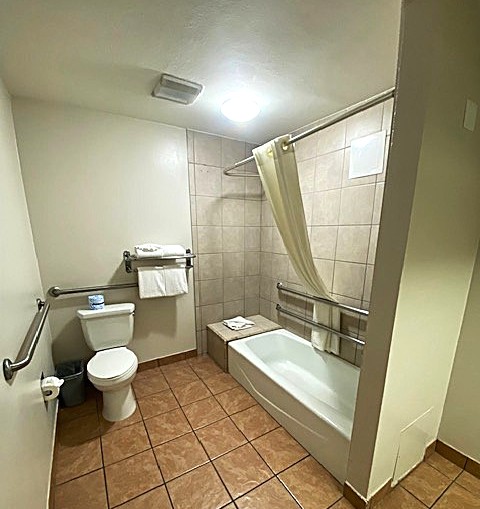 a bathroom with a bathtub and toilet