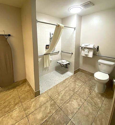 a bathroom with a shower and toilet