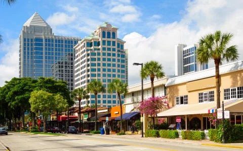 retail shops and larger buildings in the background