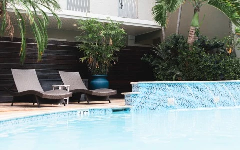 a pool with chairs and palm trees