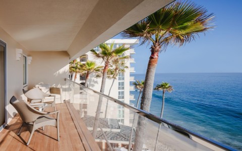 a balcony with palm trees and a body of water