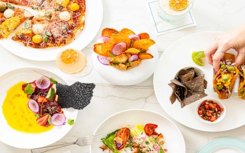 a table with plates of food