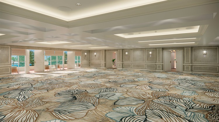 a large room with a patterned carpet