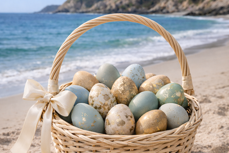 a basket of eggs on a beach