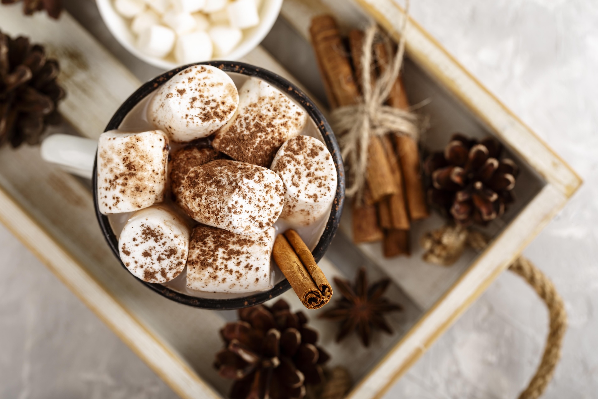 a cup of hot chocolate with marshmallows and cinnamon sticks