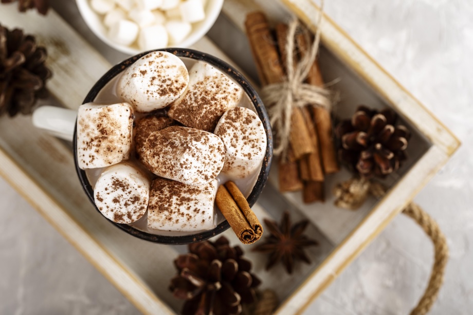 a cup of hot chocolate with marshmallows and cinnamon sticks
