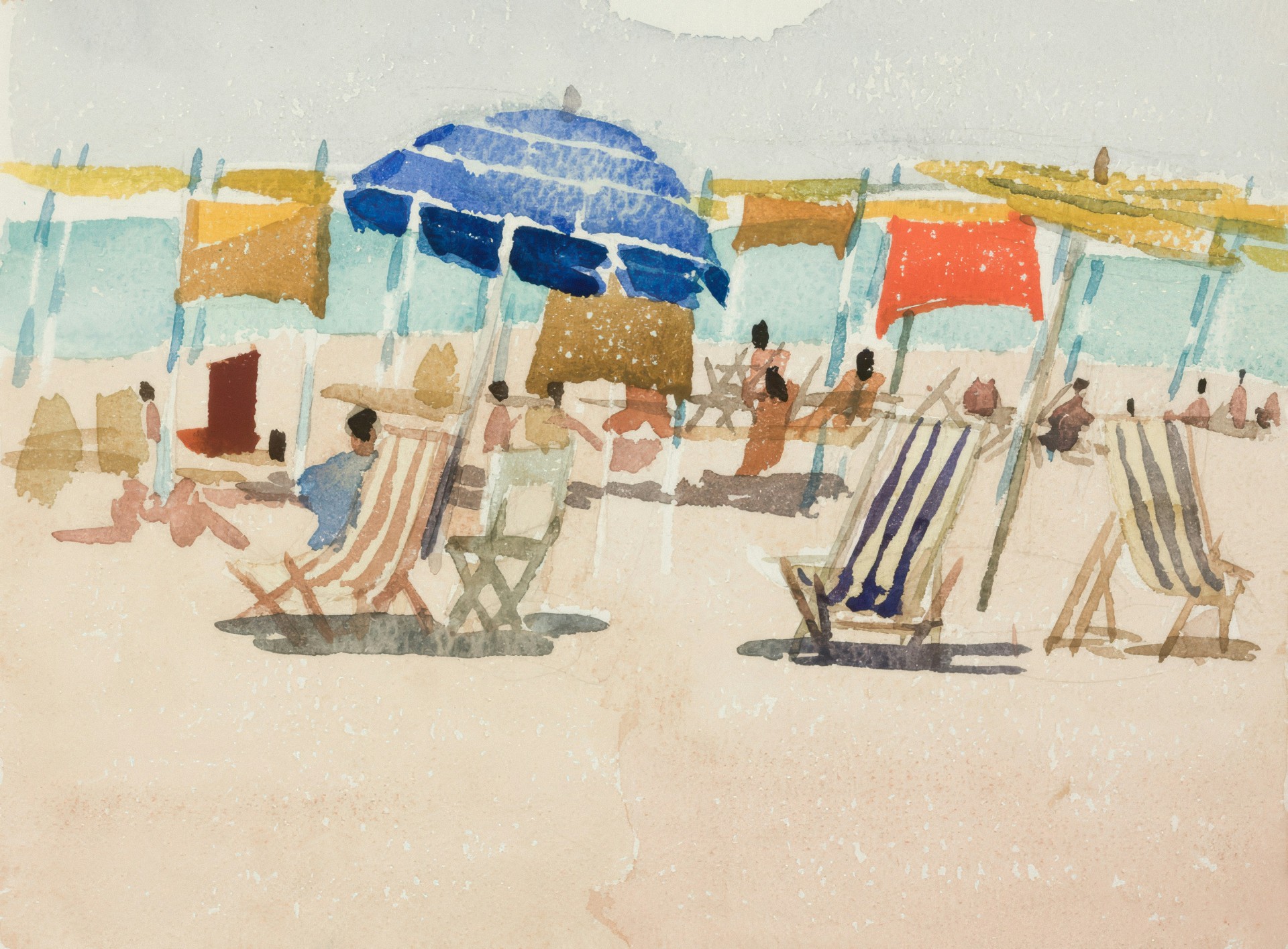 watercolor of people sitting on chairs and umbrellas on a beach