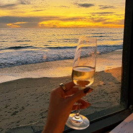 a hand holding a wine glass with a beach in the background