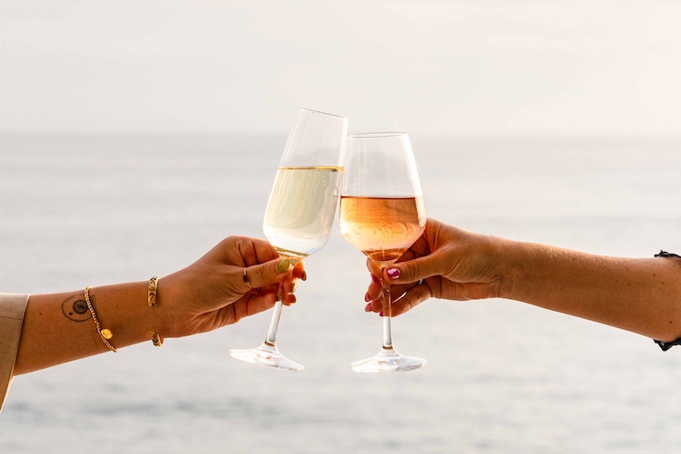 a pair of hands holding wine glasses