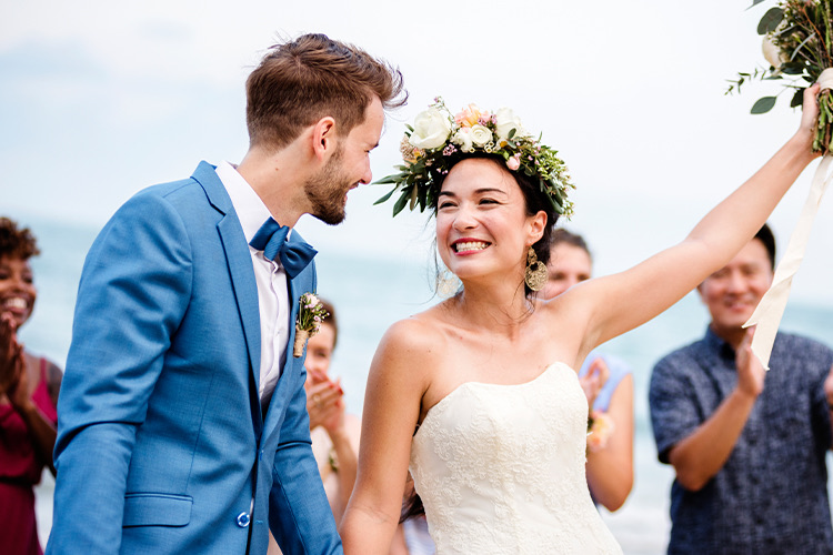 happily just married bride and groom