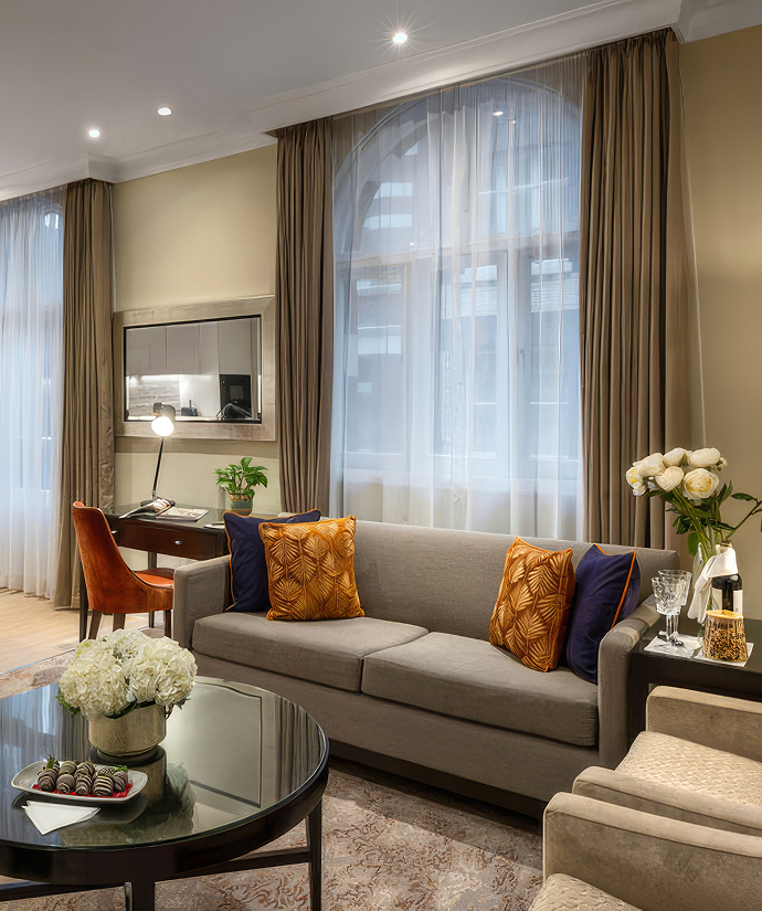 a living room with a couch and a table