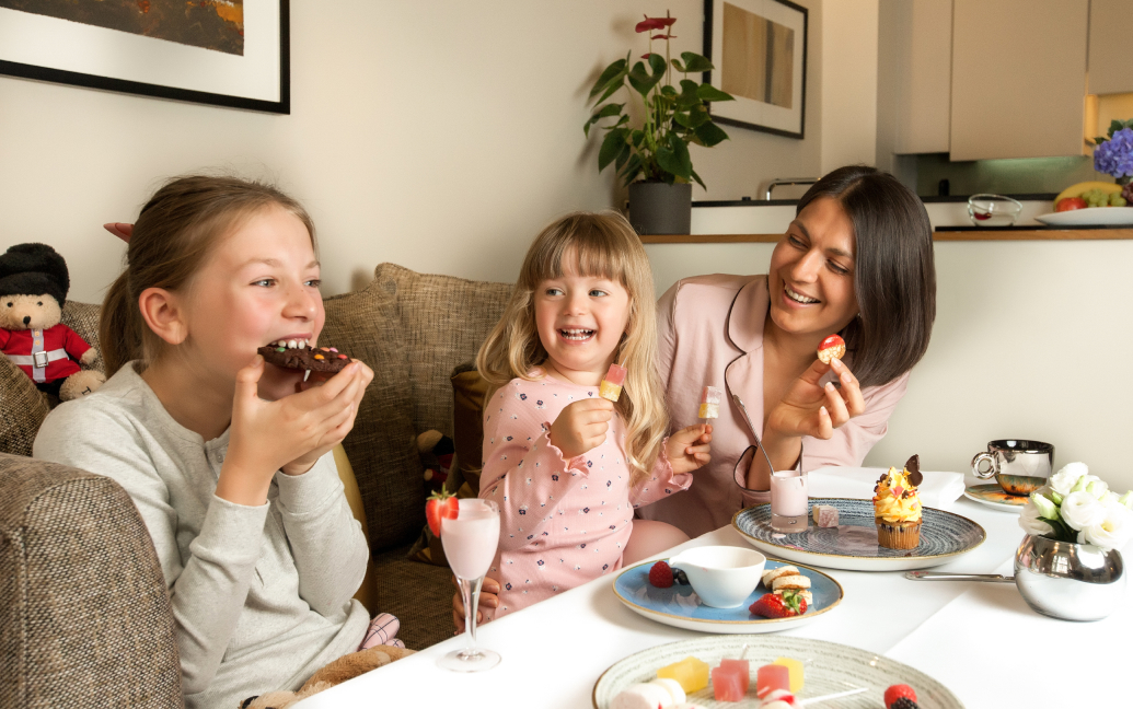 a group of people eating food