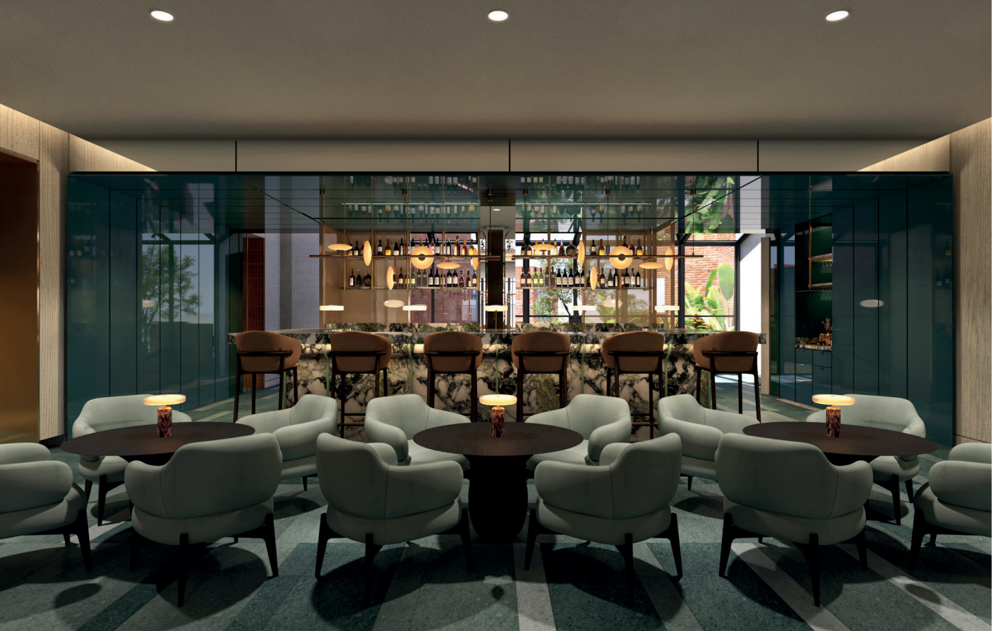 a room with a bar and chairs