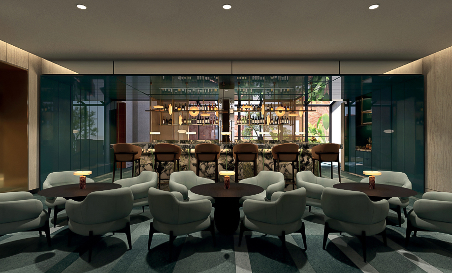 a room with a bar and chairs
