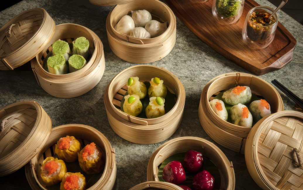 a group of dim sum baskets