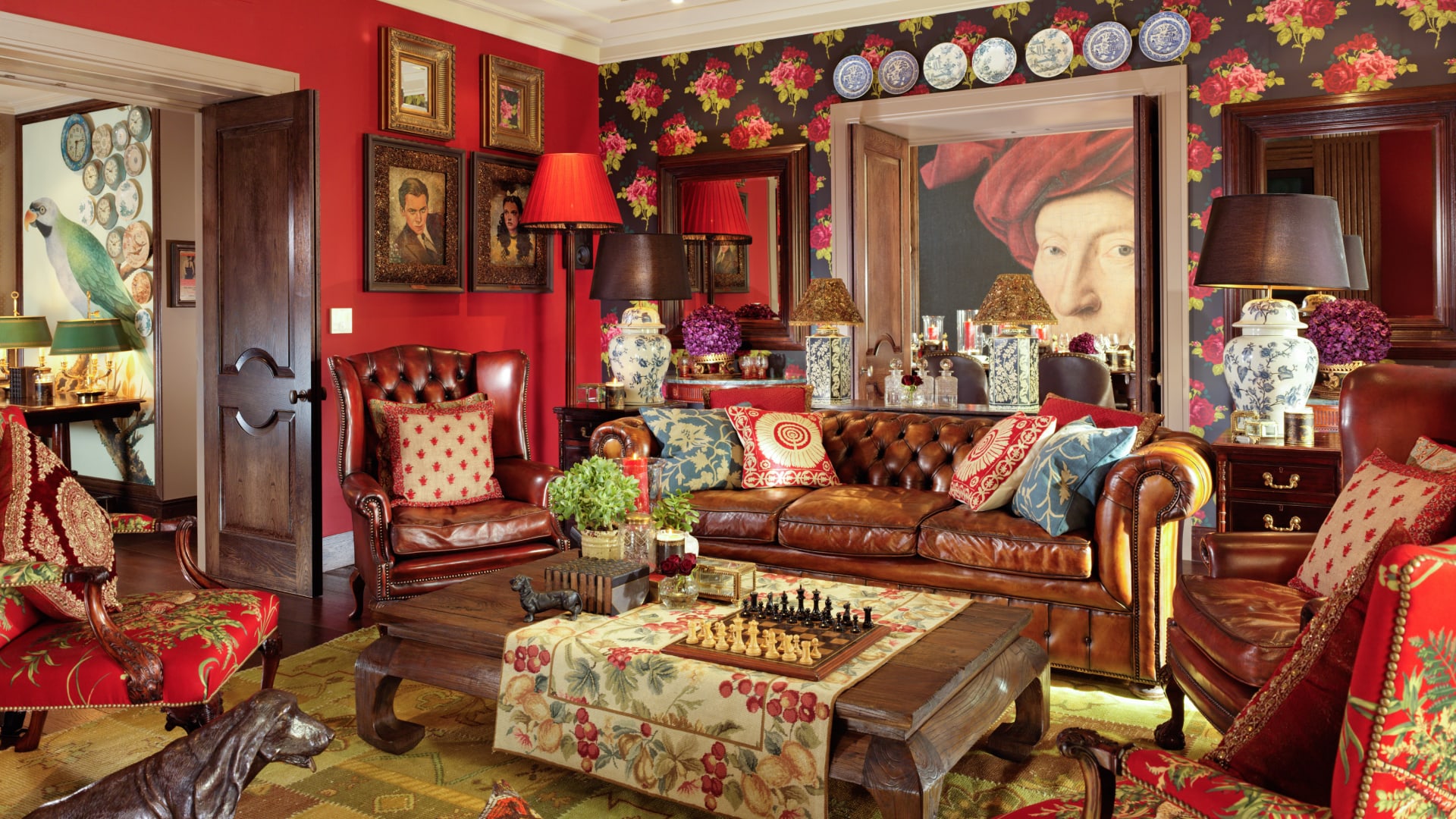 a living room with a chess board and a chess board table