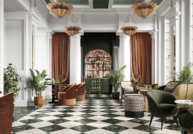 a room with a checkered floor and chairs and a bar