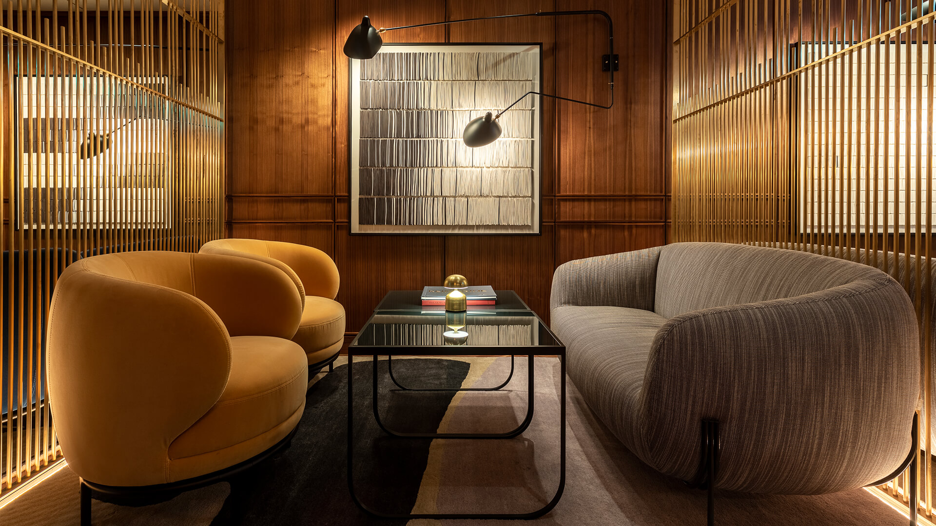 a room with a couch and a coffee table