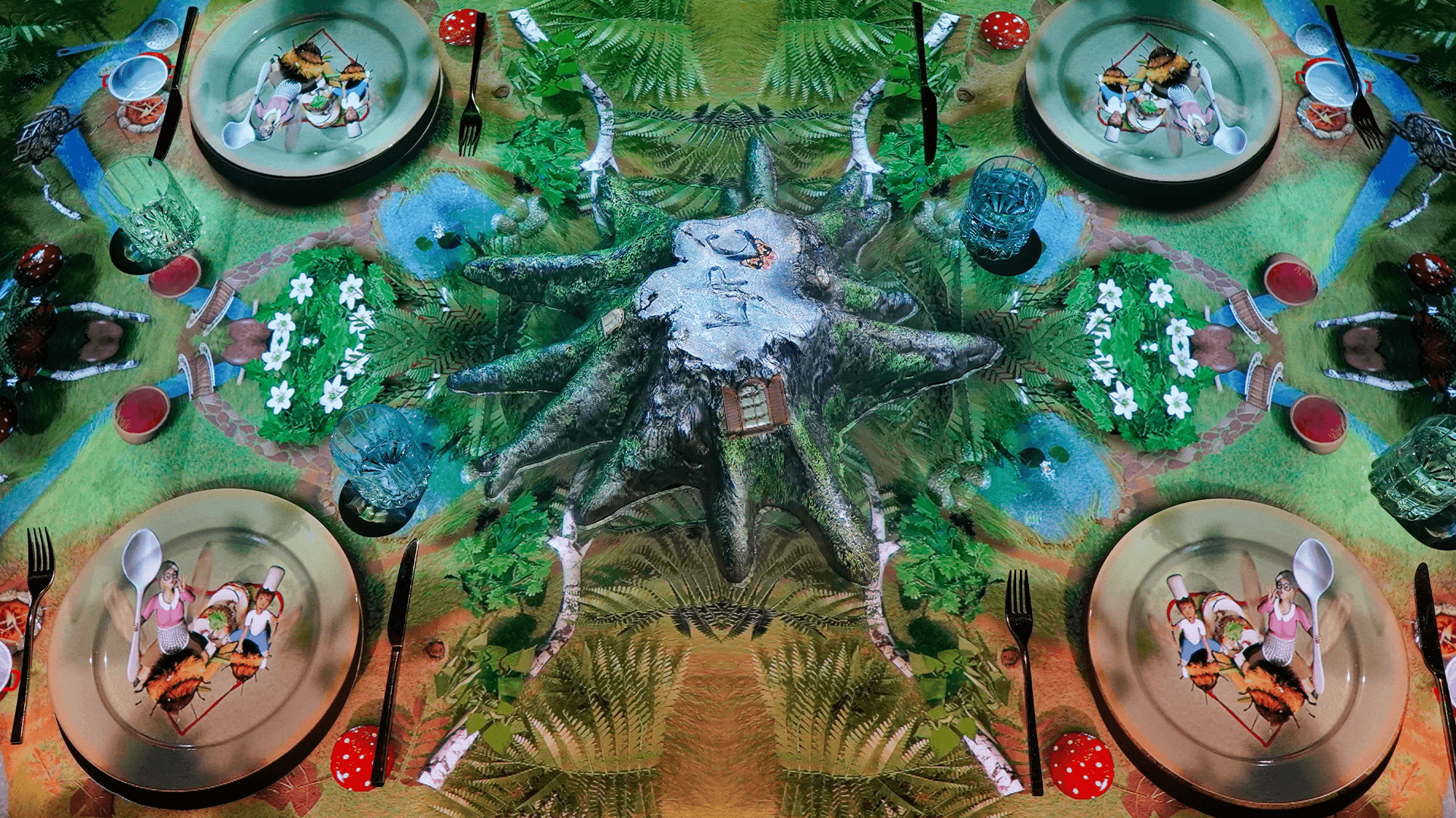 a table with plates and cutlery