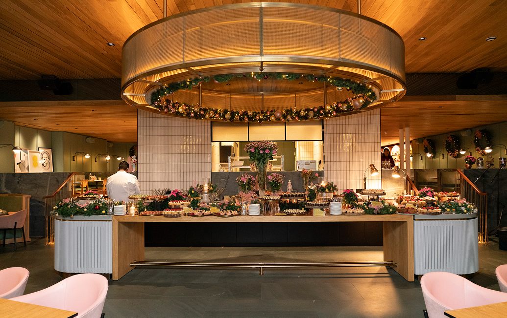 a buffet table with food on it