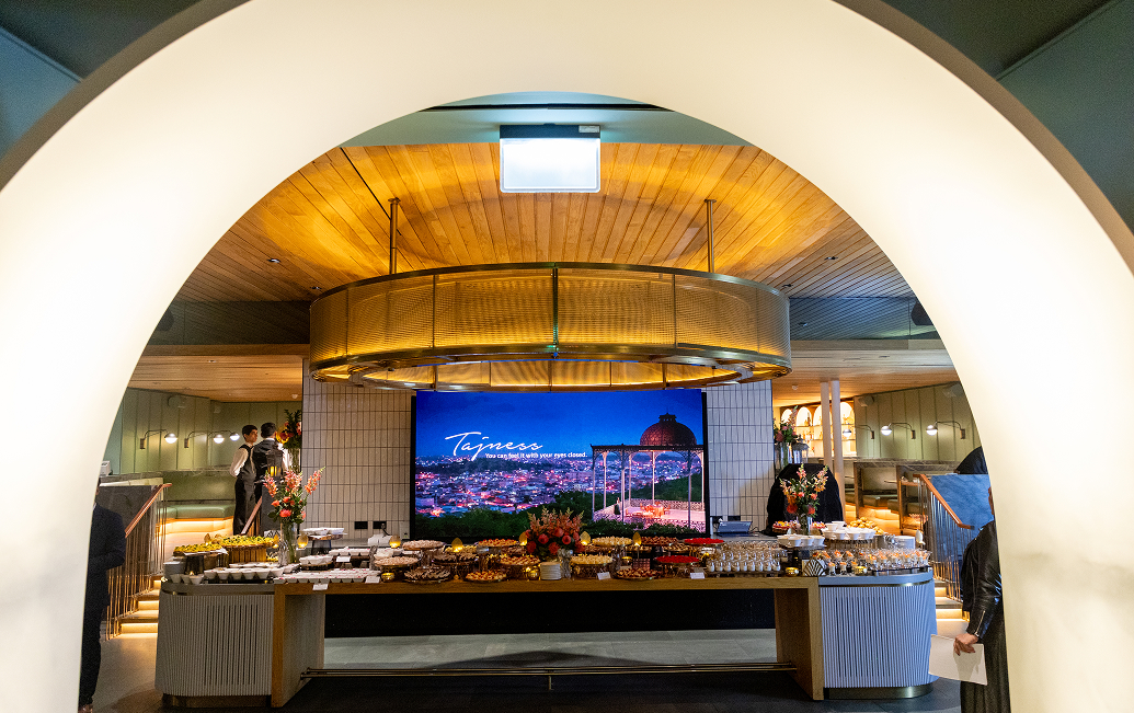 a buffet table with food on it