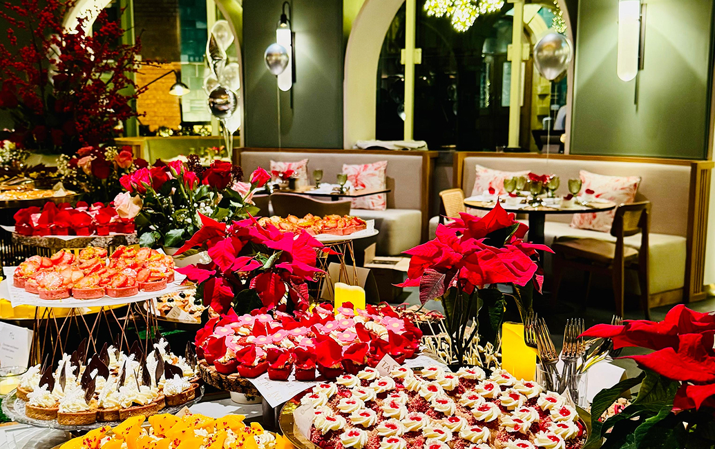a table with food and flowers